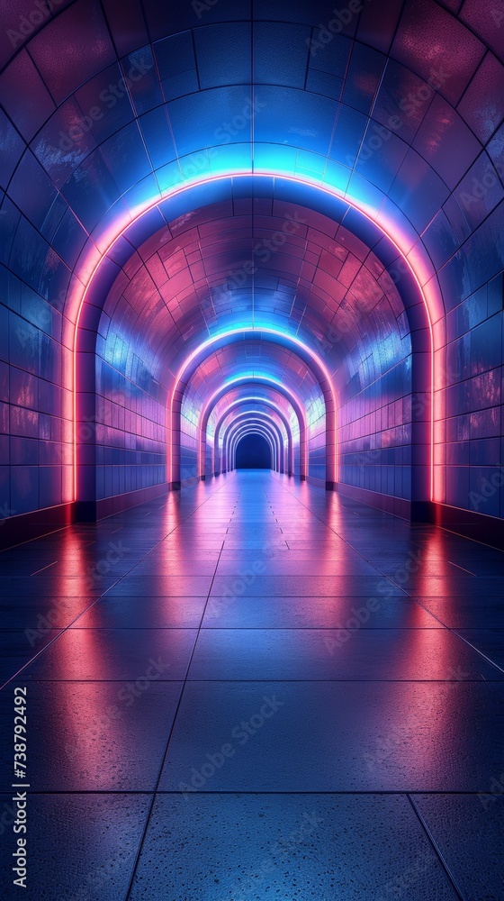 A vibrant corridor with neon lights creating a futuristic tunnel effect in shades of pink and blue