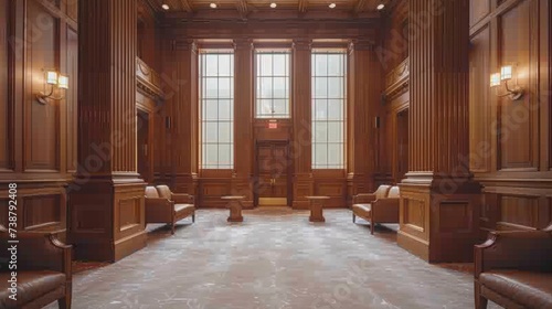 Elegant wood-paneled room featuring two rows of chairs, marble floor, grandiose door, and warm, inviting ambiance