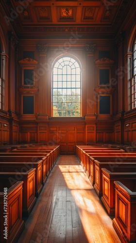 An elegant hall with wooden panels, pews, and a large arched window casting a warm glow