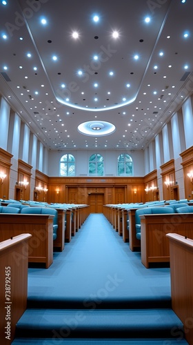 An elegant  spacious interior of a hall with rows of seating  blue carpet  and overhead lighting
