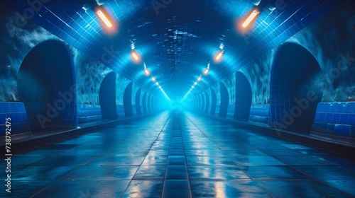 A futuristic tunnel with blue tiles, arches, and bright lights leading to an illuminated vanishing point