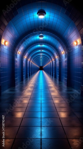 A symmetrical view of a blue-tiled underground tunnel with lights reflecting on glossy floor tiles