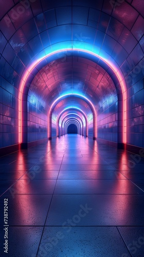A vibrant corridor with neon lights creating a futuristic tunnel effect in shades of pink and blue