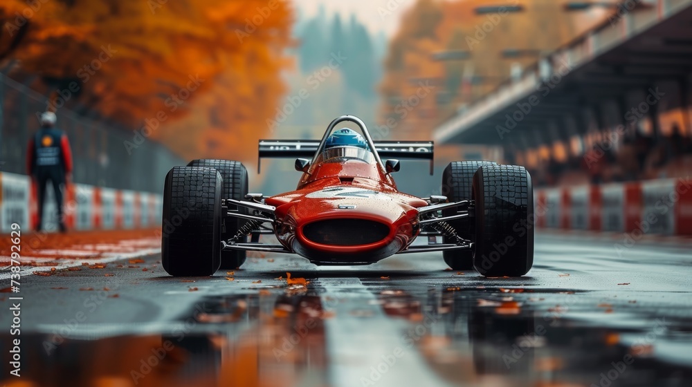 A vintage red racing car is positioned on a wet track surrounded by autumn foliage
