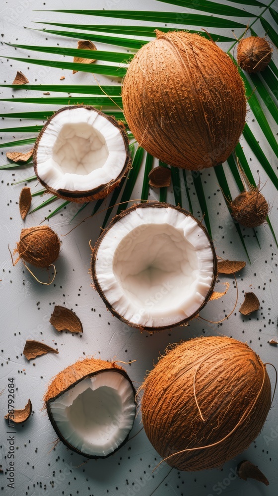 A composition of whole and halved coconuts with scattered husks on a white surface, palm leaves add contrast A composition of whole and halved coconuts with scattered husks on a white surface, palm leaves add contrast