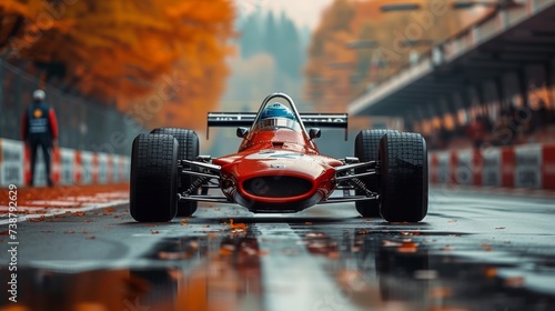 A vintage red racing car is positioned on a wet track surrounded by autumn foliage photo
