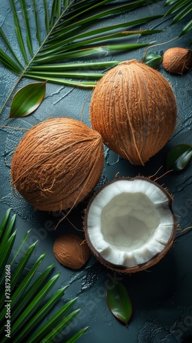 Whole coconuts and one split open, revealing white flesh, on a textured surface with green leaves