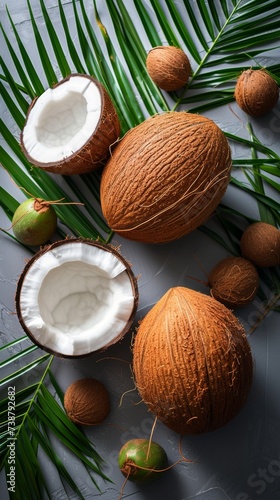 Whole and halved coconuts with green leaves on a textured gray surface, vibrant tropical fruit arrangement