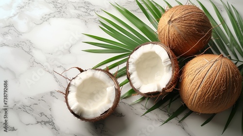 Whole and halved coconuts lie on a marble surface, nestled against a vibrant green palm leaf