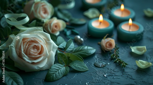 The image shows blooming roses  tealight candles  green leaves  and petals on a textured surface