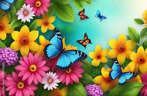Beautiful floral background, panorama. Leaves, colorful flowers, caterpillars, butterflies. Bright spring and summer banner for cover social network, invitation, wedding, holiday. illustration © Kseniya Ananko