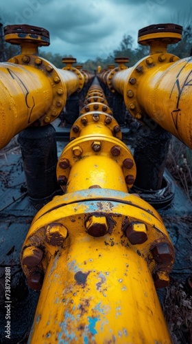 A series of large yellow pipes with flanges and bolts runs diagonally through a moody landscape
