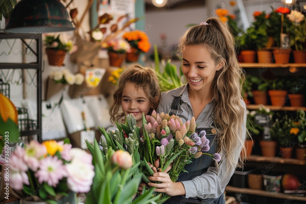 A woman and girl embrace the beauty of nature as they stand surrounded by vibrant blooms in a quaint florist shop