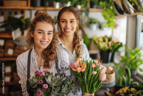 Two women radiate joy as they carefully arrange vibrant flowers into beautiful bouquets in a charming floral shop, surrounded by houseplants and wall displays of artificial flowers