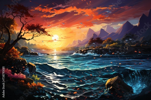a painting of a sunset over a lake with mountains in the background