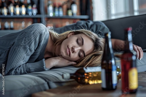 A woman peacefully dozes on a cozy couch, her delicate features framed by her flowing hair, a glass bottle of her favorite drink within reach as she rests in comfortable clothing in the safety of her