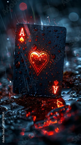 Ace of Hearts Playing Card in the Rain with Red Glow