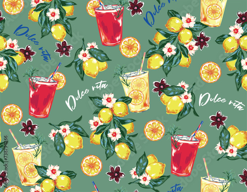 Hand drawn citrus fruits, lemons, grapefruit, lemonade, limes, leaves seamless patterns. Fresh juice ice drink icon in glass,