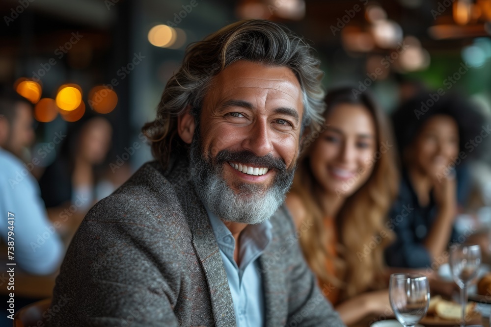 Colleagues celebrating at a corporative dinner, smiling, laughing, and enjoying togetherness in a lively atmosphere. Colleagues celebrating at a corporative dinner, smiling, laughing, and enjoying togetherness in a lively atmosphere.