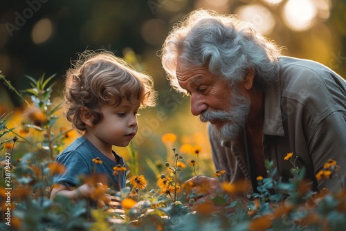 A senior grandfather and grandchild bonding in a park, sharing love and learning about nature.