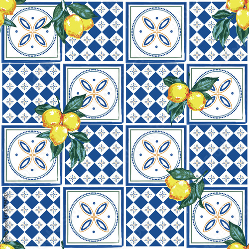 talian Geometric tiles with Lemons and Ceramic Tiles, Amalfi Coast Inspired Seamless pattern photo