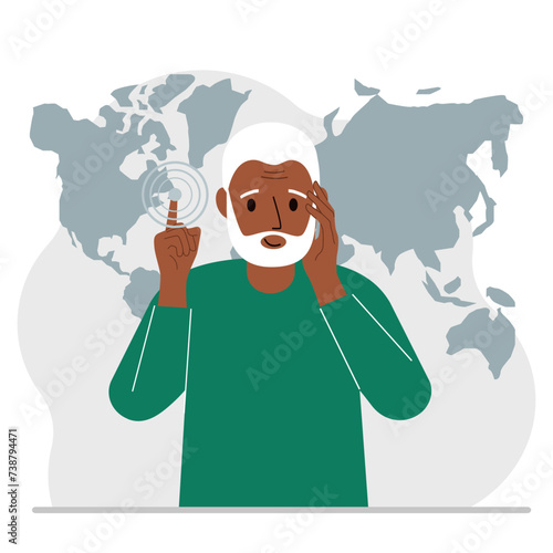 A man presses his finger on a virtual map of the world. Future, cyber.