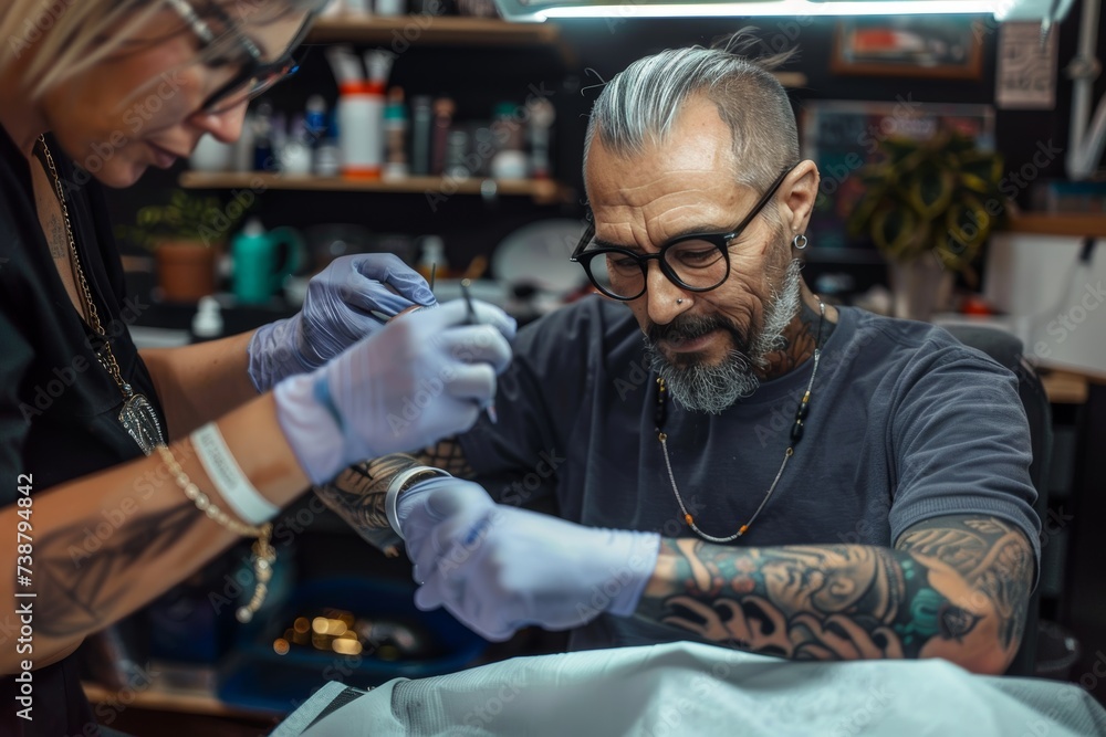 A bespectacled man with a stylish haircut sits in a barber shop chair, his face twisted in a mix of pain and determination as a tattoo artist carefully etches a design onto his wrist, his clothing re