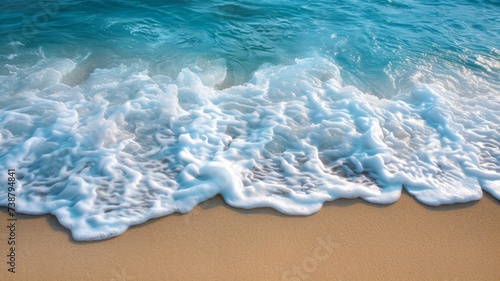 Gentle sea waves rolling onto a sandy shore, the water shimmering in shades of turquoise under a soft, warm sunlight, creating a tranquil and serene atmosphere