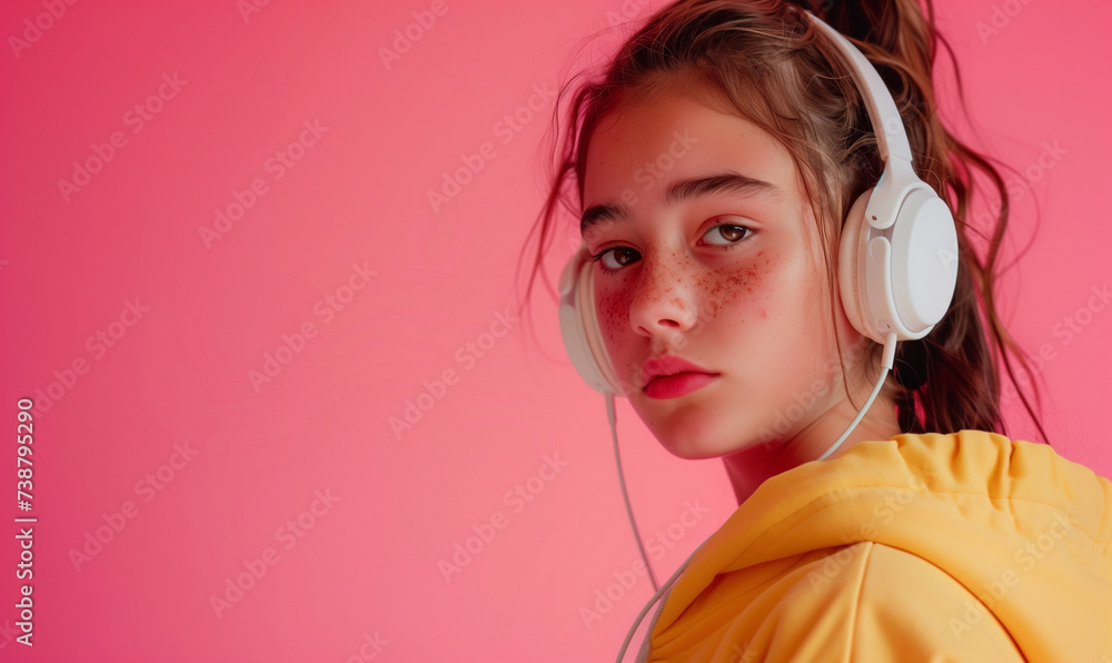 zdjęcie studyjne nastoletniej dziewczyny w białych słuchawkach na różowym tle, portret - obrazy, fototapety, plakaty 