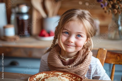 A young girl with a bright smile sits at an indoor table  surrounded by delicious baked goods and pizza  dressed in adorable toddler clothing as she enjoys a morning of pancakes and tableware
