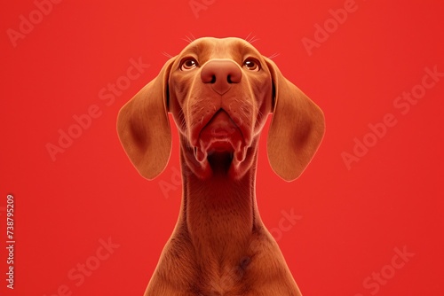 a dog looking up with a red background