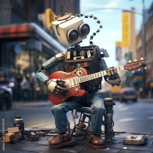 Robot playing a musical instrument on a street corner.