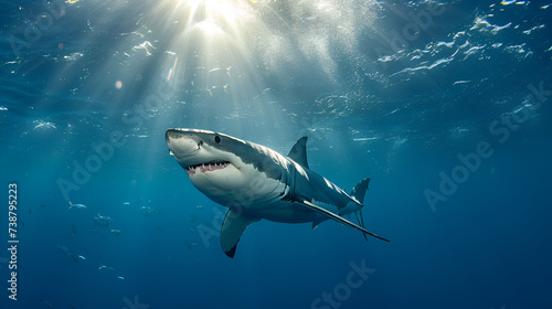 Great white shark and sun rays in ocean, generative ai