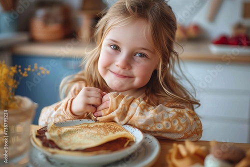 A young girl happily indulges in a delicious breakfast of fluffy pancakes  her bright smile and messy fingers adding to the warmth of the scene