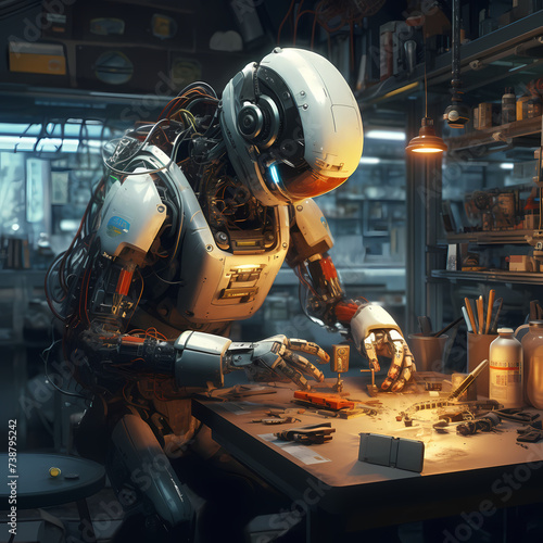 Robot repairing itself in a futuristic workshop. 