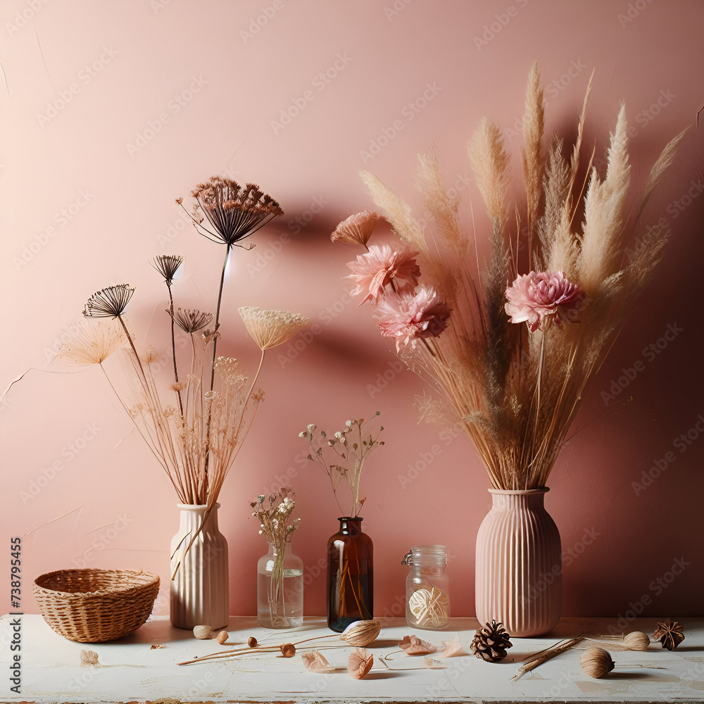 Dried flowers against a pink wall with a vase of flowers