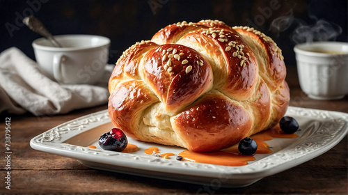 Challah, a Jewish braided bread served on Sabbath and holidays. Plate with homebaked challah sprinkled with sesame seeds. Jewish food and tradition photo