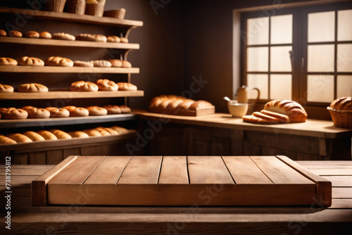 Wooden bakery table, empty board for presenting flour products