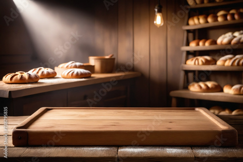 Wooden bakery table, empty board for presenting flour products