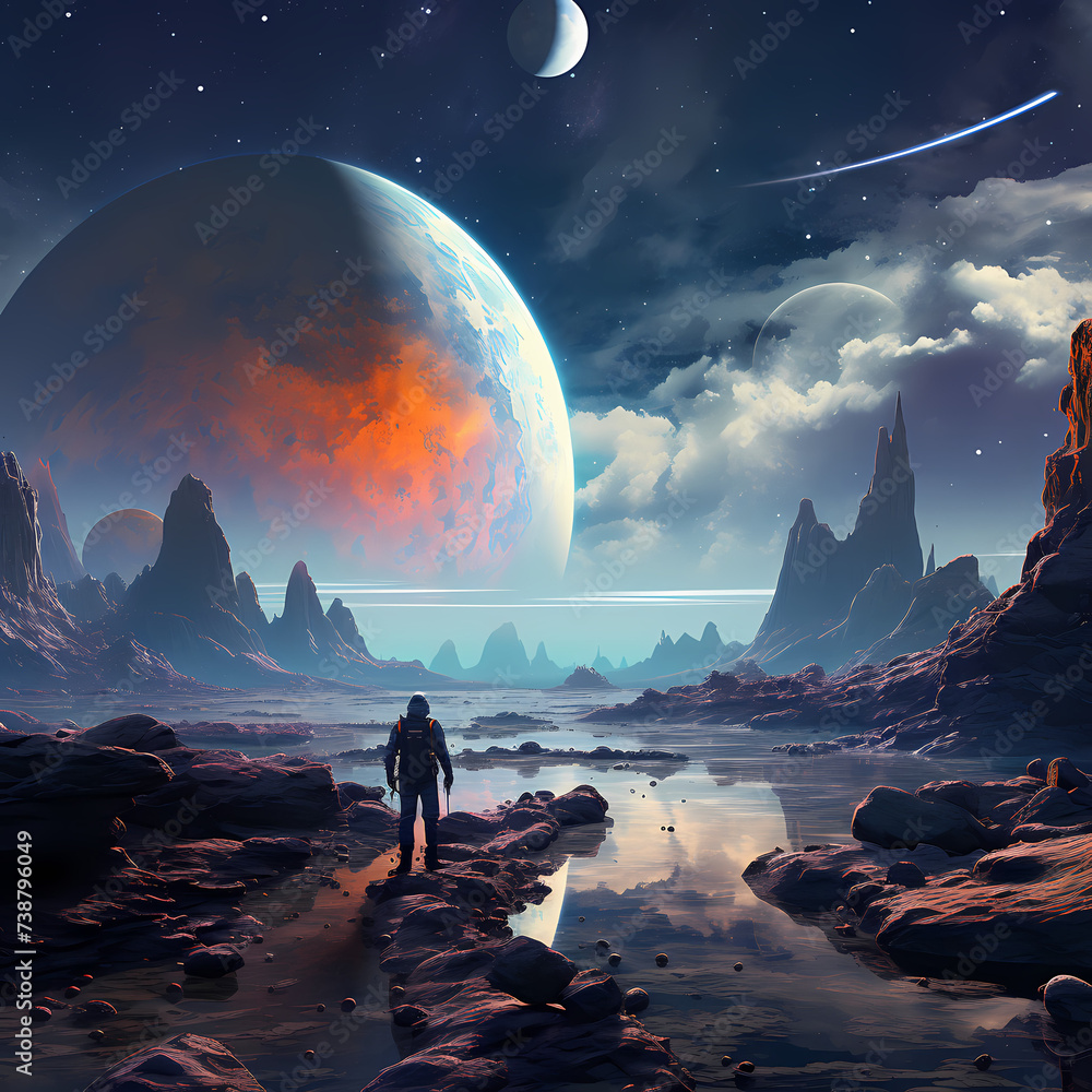 Space exploration with astronauts and alien landscape