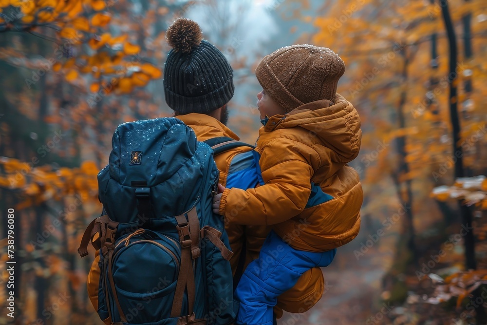 Amidst the vibrant autumn leaves, a father braves the chilly forest with his bundled child in tow, creating a heartwarming scene of love and adventure