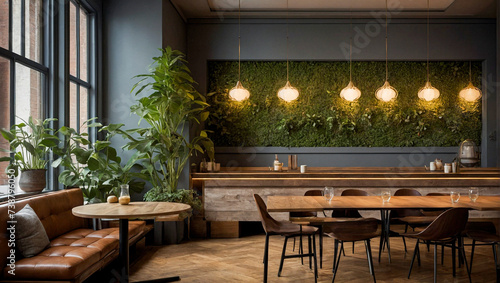 Cozy restaurant interior design with empty wooden chairs, tables and green plants decoration. Modern cafe interior filled with indoor plants, eco style