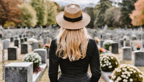 Trauernde Frau auf dem Friedhof photo