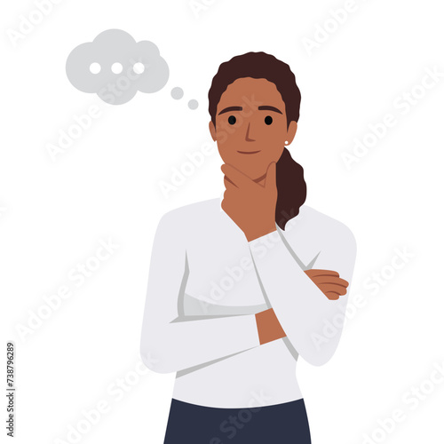 A beautiful woman with her hand on her chin showing a thought, thinking, or having a question. Flat vector illustration isolated on white background