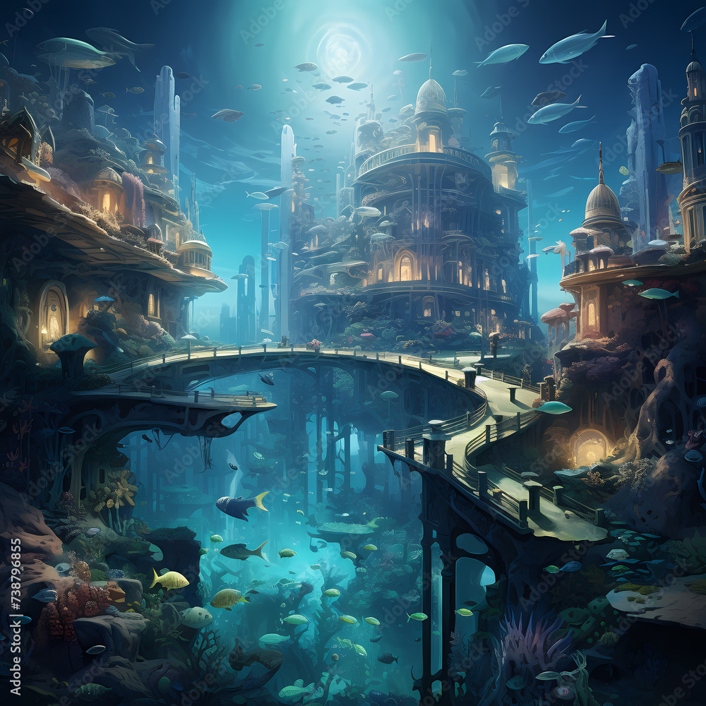 Surreal underwater city with mermaids and sea creatures
