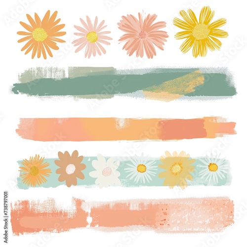 Collection of hand-painted watercolor flowers and abstract brush strokes in a pastel palette, perfect for spring designs