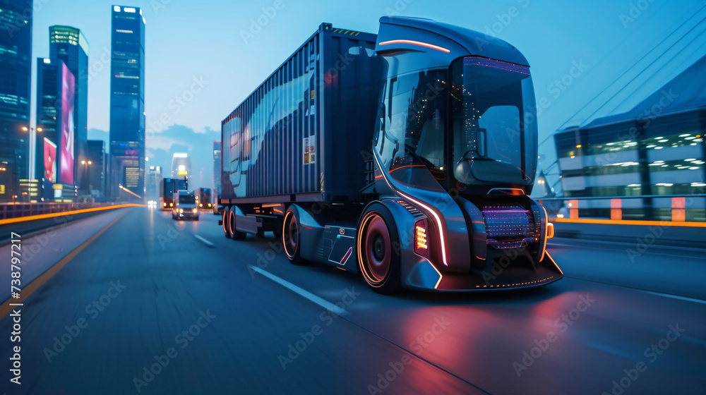 A self-driving freight truck moves seamlessly on an urban thoroughfare, bathed in the blue glow of the evening city lights. - obrazy, fototapety, plakaty 