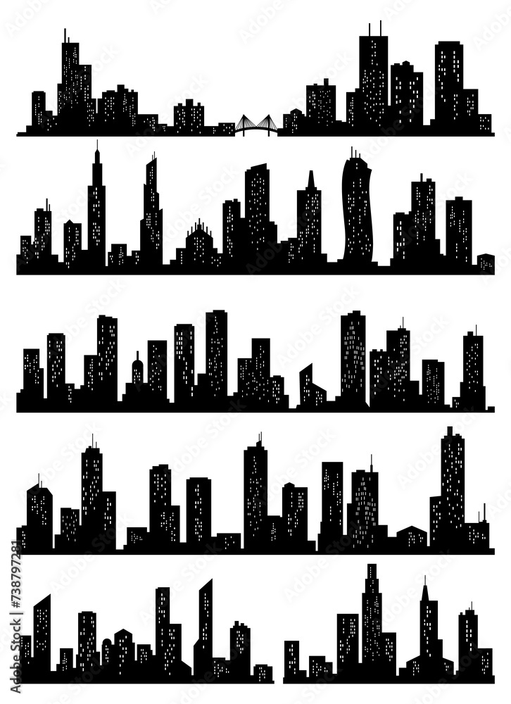 Cityscape silhouette collection. City buildings, night town and horizontal urban panorama silhouettes set. Skyline with windows in a flat style