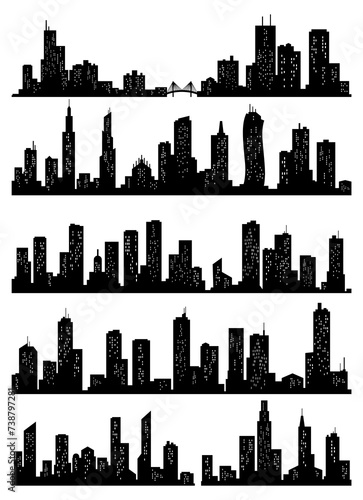 Cityscape silhouette collection. City buildings, night town and horizontal urban panorama silhouettes set. Skyline with windows in a flat style