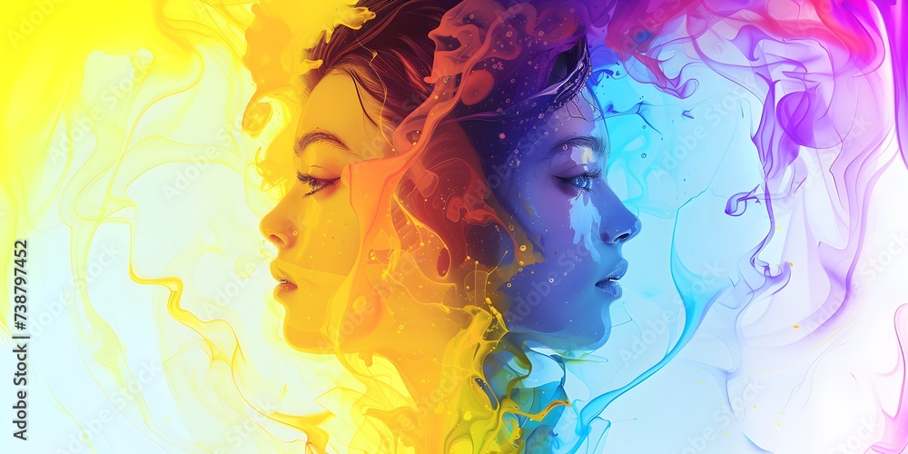 Obraz premium two women faces drawn in orange and blue colors, abstract and colorful, wallpaper